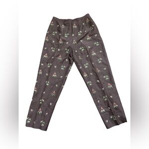 Talbots Petites Brown silk/linen blend cropped Trousers elephants embroidered‎ 6